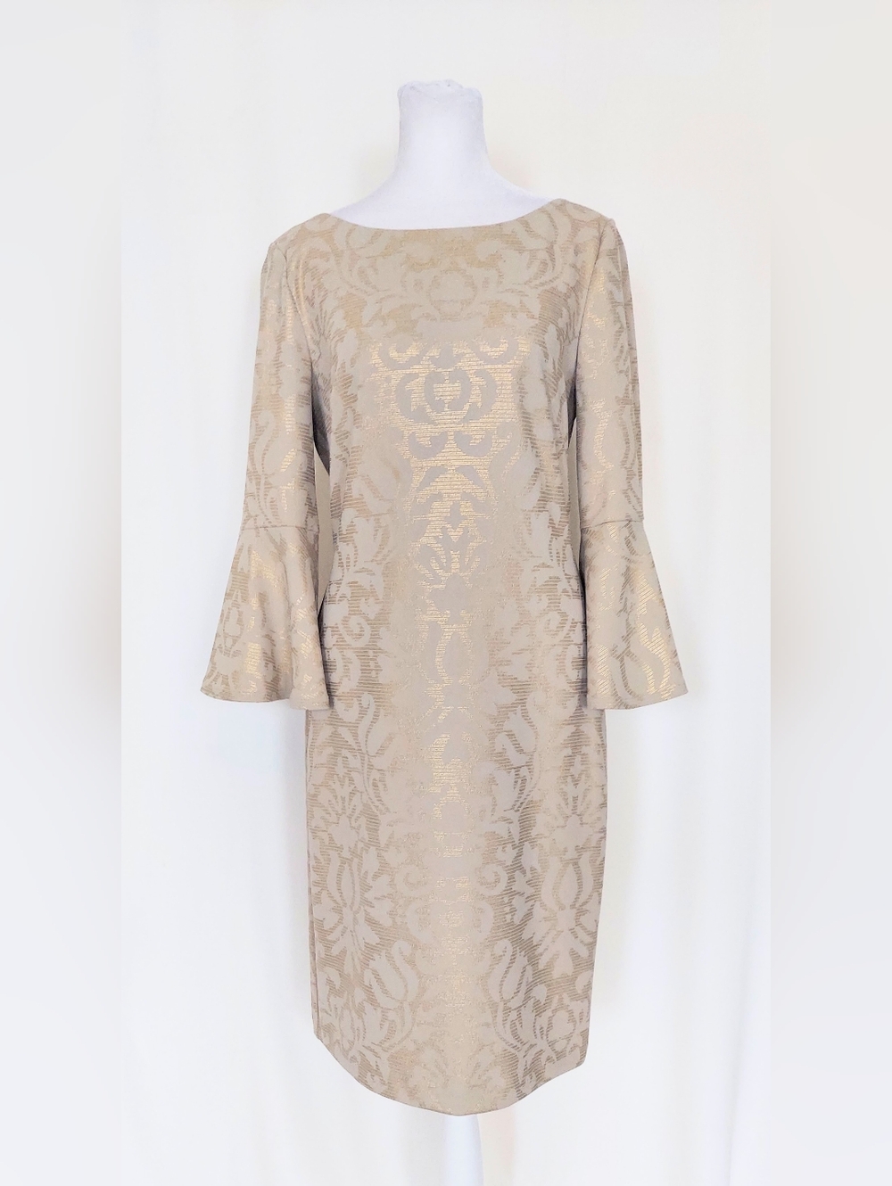 Jessica Howard Gold Brocade Sheath Dress Bell Sleeves Size 6 Lined